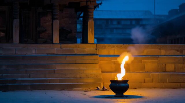 glowing cremation fire placed on right third of frame, historic temple architecture and stone steps softly fading into blue twilight, gentle smoke rising vertically, wide calm for  4K