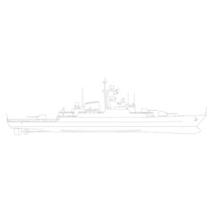 Obraz premium Outline drawing of a modern warship vessel with detailed superstructure and weaponry.