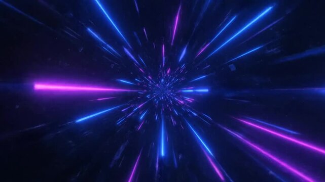 Futuristic Hyperspace Tunnel Digital Animation of a Glowing Blue and Purple Starburst Effect Background