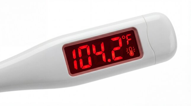 A stark white digital clinical thermometer displays a severe fever reading of 104.2 degrees Fahrenheit, indicating serious illness and urgent medical 