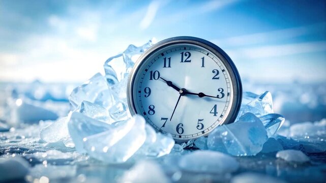 A clock sits atop ice, with blue sky as background. The time is 950