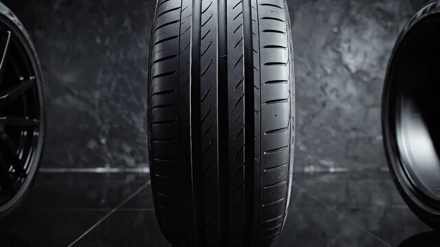 Close up of car tires on a reflective dark studio floor