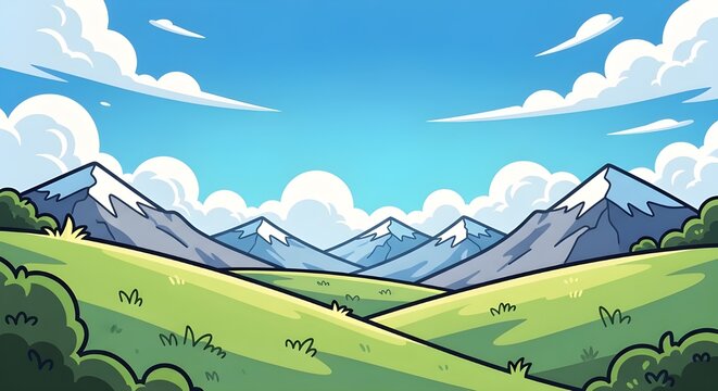 Bright animated countryside landscape with green hills blue sky and floating clouds creating a cheerful peaceful outdoor nature scene