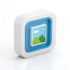 Modern digital frame displaying serene mountain landscape with sunny sky