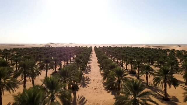 Aerial view of a date palm plantation in the desert with sand dunes in the background under the bright sun