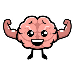 Obraz premium Cartoon brain character flexes muscles on black background with a smiling face, 32