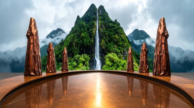 Waterfall panorama with copper sculptures, reflective floor, and mountain backdrop