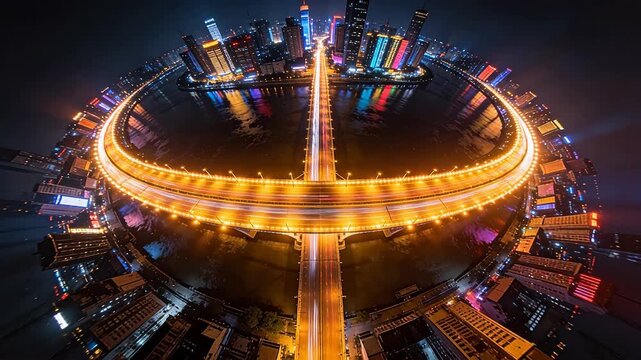 Night city roundabout with traffic light trails and neon buildings