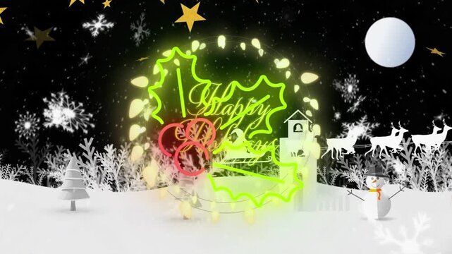 Animation of snow and stars over mistletoe icon and happy holidays text against winter landscape