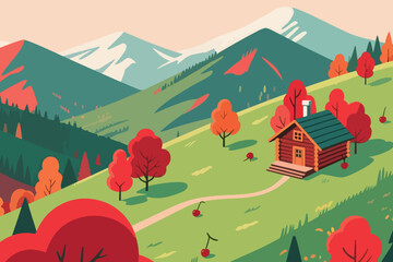 Fototapeta premium Autumn mountain landscape with wooden cabin, winding path, colorful trees, apples, and snow peaks under warm peach sky.