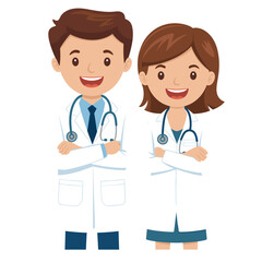 Fototapeta premium Two doctors standing confidently with stethoscopes around their necks wearing lab coats.