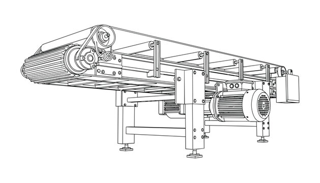 Industrial conveyor belt system with electric motor and rollers machinery vector