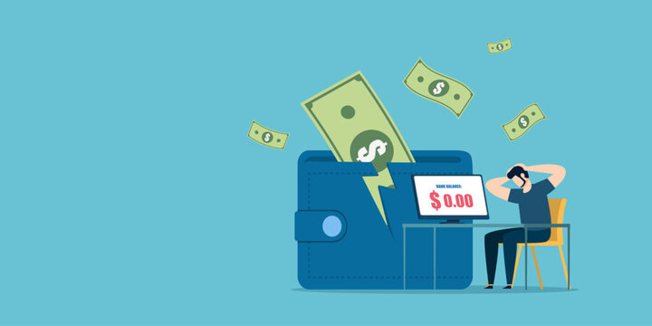 Frustrated man sitting at desk with a broken wallet and zero balance on monitor, representing cash flow crisis, bankruptcy, and financial debt in flat art.