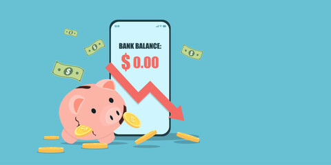 Flat art of a sad piggy bank losing coins next to a smartphone showing a zero dollar bank balance and a red downward arrow, depicting financial loss and debt.