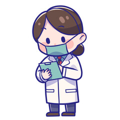 Obraz premium A cartoon doctor in a lab coat holds a clipboard while wearing a face mask.