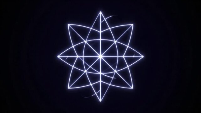 Abstract geometric pattern evolving from simple lines to complex flower like shapes with a glowing center, modern digital art visualization.