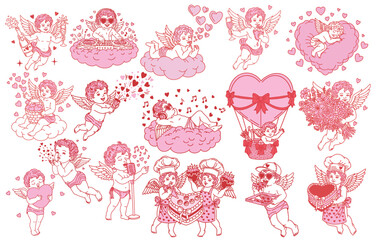 Big vector collection of cute cupids: bakers, DJs, with flowers, on clouds, blowing bubbles, eating pizza, music lovers and flying on hot air balloons. Perfect for Valentine designs.