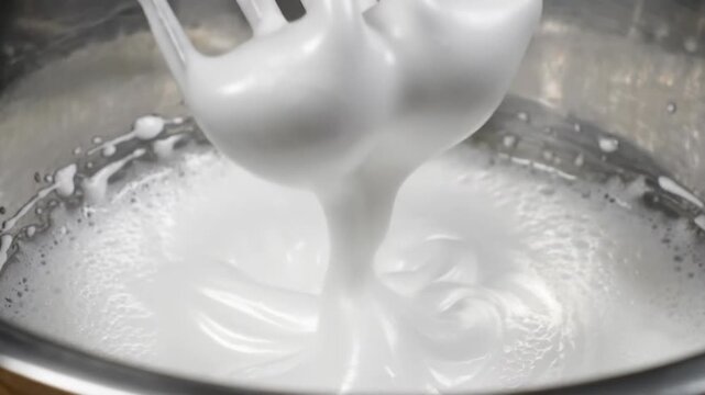 Electric mixer whipping egg whites into stiff peaks for baking