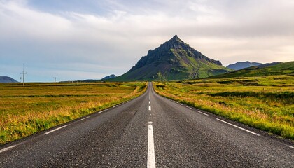 A straight road leads to a majestic mountain peak on a cloudy day with lush green surroundings