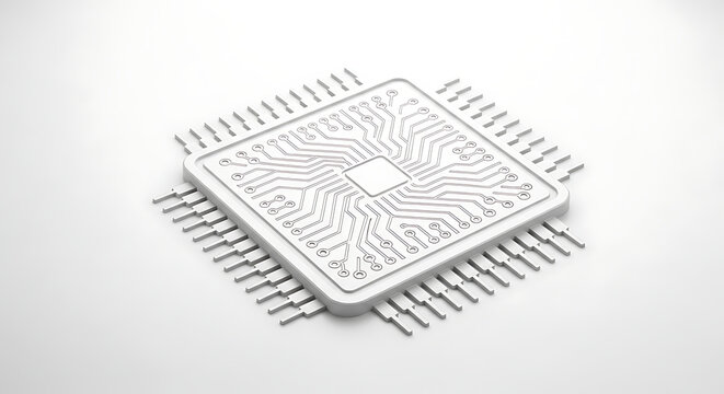 Close up of a white computer chip with visible circuit patterns and pins on a white background