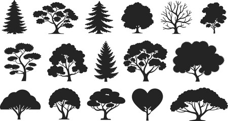 Tree silhouettes collection, various forest and garden tree shapes, black isolated nature icons set on white background illustration