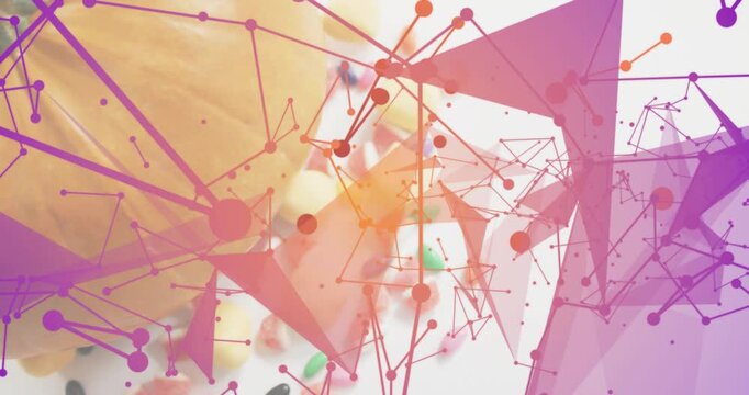 Digital network overlay fading in, drifting across sprinkled pastry on left, representing data flow