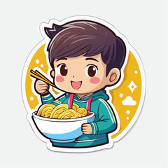 Chibi-style illustration of a happy young boy enjoying a bowl of noodles with chopsticks, rendered in a vibrant and appealing cartoon aesthetic