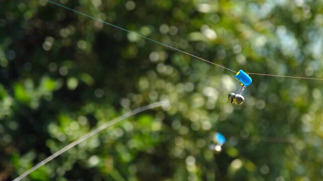 Close-up of fishing bite alarm bells on line with blurred nature background.