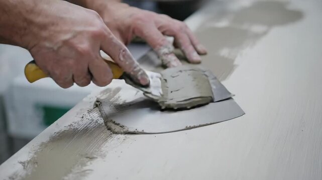 Hands applying plaster with trowel on a surface.