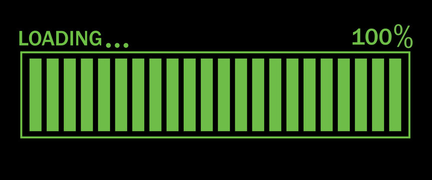 Vector illustration of a green loading bar isolated on a black background for websites and graphic resources. 100% loaded bar.