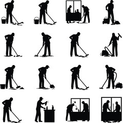 Naklejka premium Professional Janitorial Silhouettes Set for Commercial Cleaning and Maintenance Services