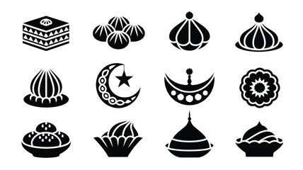Elegant black silhouettes of various mosque domes crescent moons and islamic architectural elements on white background © loveley0190