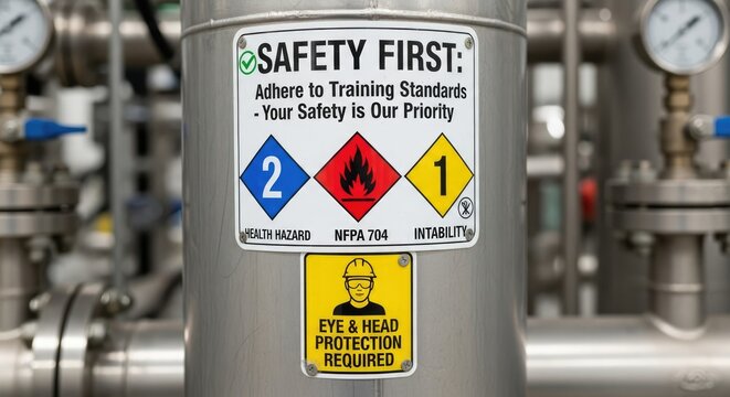 Industrial Safety First Signage on Equipment: NFPA 704 Hazard Diamond and Eye & Head Protection Required Warning Labels on Piping System