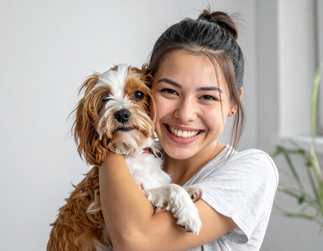 Junges Mädchen mit ihren Hund auf dem Arm