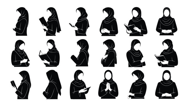 Vector illustration of multiple women in hijab reading praying and using phone in various poses and emotions on white background
