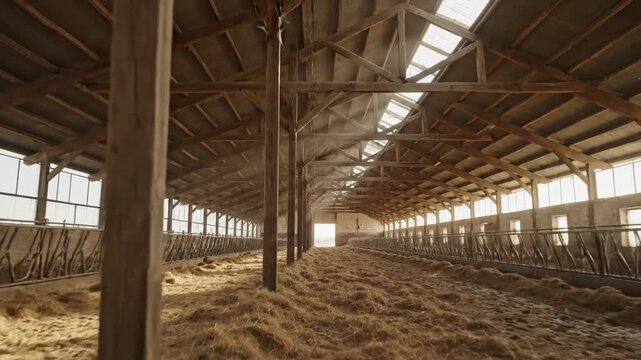 Empty Barn Interior with Hay and Wooden Beams, Sunlight Through Skylights