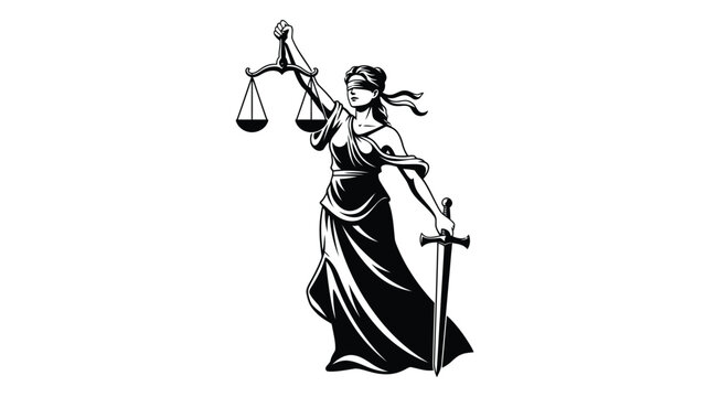 Lady justice with scales and sword depicted in black and white Vector