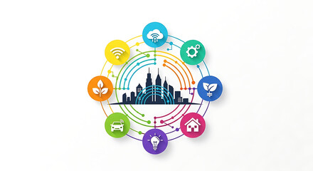 Obraz premium Illustration of smart city concept with connected icons on a white background circular arrangement