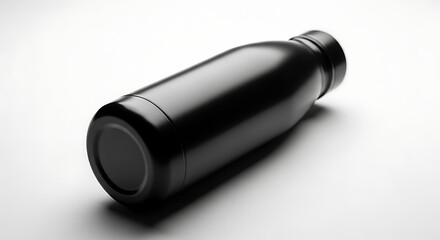 A sleek black reusable water bottle resting horizontally on a white surface with soft lighting effects