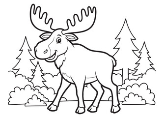 Moose coloring page with forest background and smiling expression  