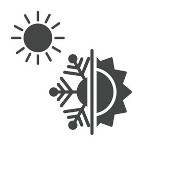 A simple graphic depicting contrasting weather sun and snowflake symbols