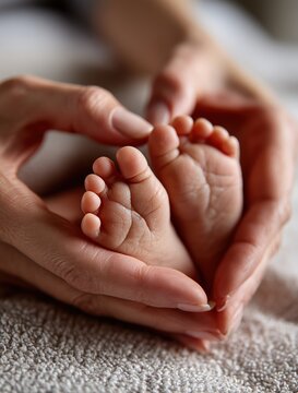 Pieds de nouveau-n&eacute; d&eacute;licatement prot&eacute;g&eacute;s dans les mains bienveillantes