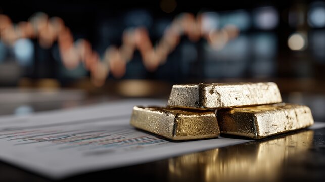 Lingots d'or pos&eacute;s sur des graphiques financiers avec arri&egrave;re-plan flou