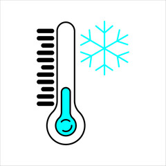 Cold weather thermometer with snowflake vector icon. Keep frozen label. Storage in refrigerator and freezer. Cold temperature for winter design concept.