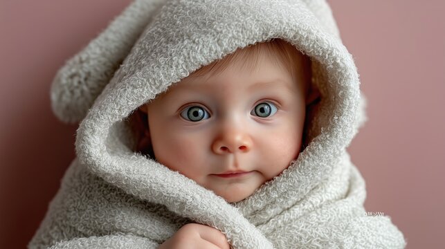Adorable b&eacute;b&eacute; aux yeux bleus emmitoufl&eacute; dans une couverture douce