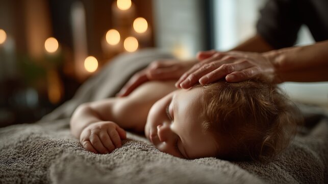 Massage relaxant pour b&eacute;b&eacute; avec mains bienveillantes dans ambiance douce