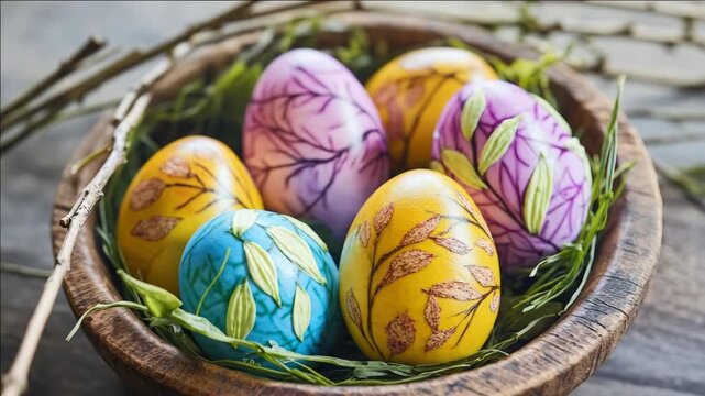A collection of colorful hand-painted eggs in an Easter basket.