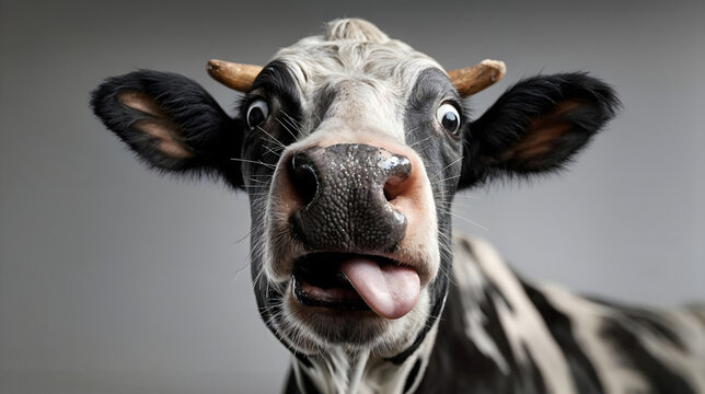 Portrait amusant d'une vache laiti&egrave;re tirant la langue avec expression