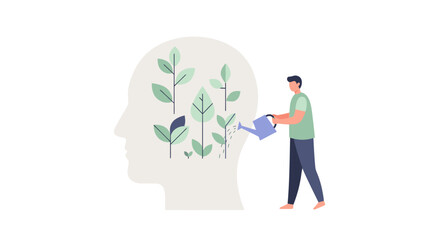 Flat Illustration Person Watering Plants Inside Head Silhouette Graphic Design © se