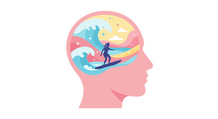 Minimalist Head Silhouette with Surfer and Ocean Inside Illustration Graphic